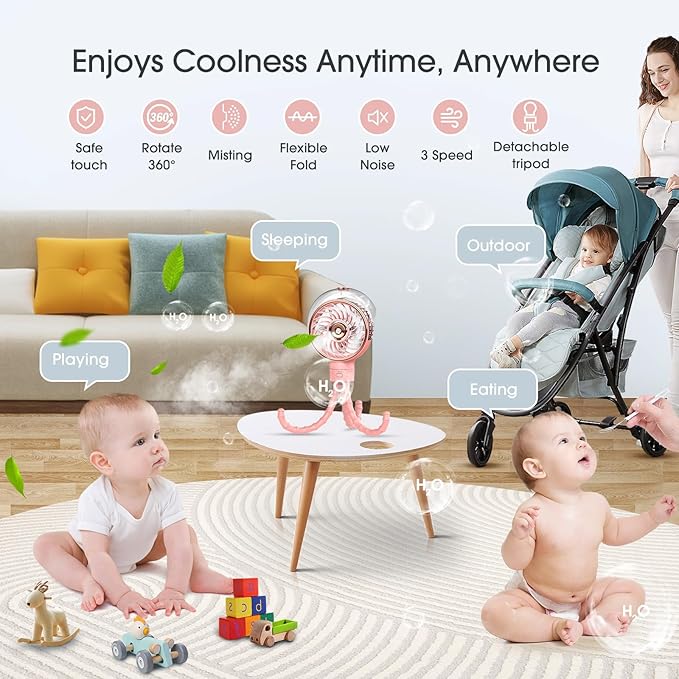 Ausic Stroller Fan with Mist, 100ml Misting Portable Fan for Stroller, Baby Fans with Detachable Tripod, Baby Essentials, Clip on Fans for Crib, Treadmill, Car Seat, Outdoor-CubbioJoy