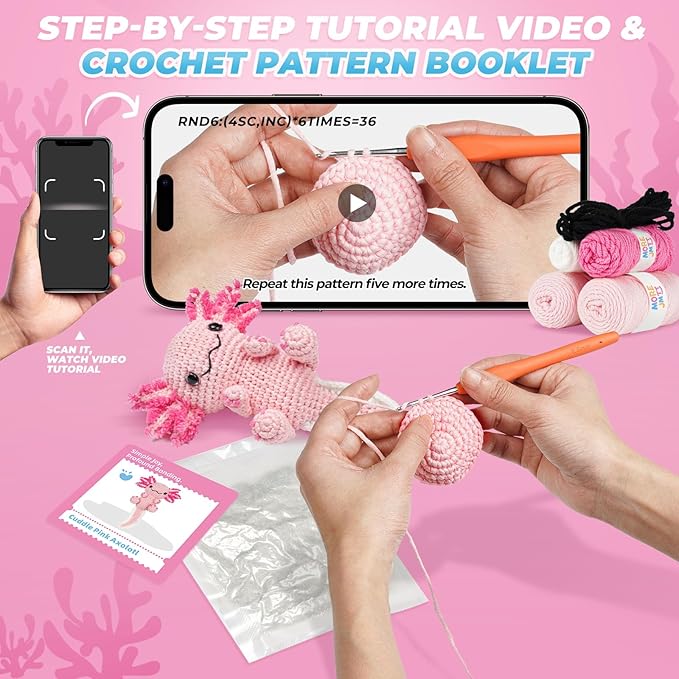 Crochet Kit for Beginners, Learn to Crochet, Include Easy Knitting Soft Yarn, Step-by-Step Video Tutorial, Hook, Holiday Birthday Gift for Adults and Kids(Happy Axolotl)-CubbioJoy