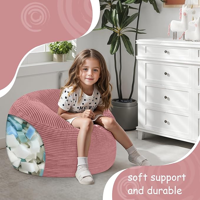 COMAX Kids Bean Bag Chair Turn into Beanbag Bed, Toddler Bean Chair Corduroy for Girl Boy Sleeping, Lazy Children Bean Bags with Filler, Convertible Child Floor Mattress, Light Pink-CubbioJoy