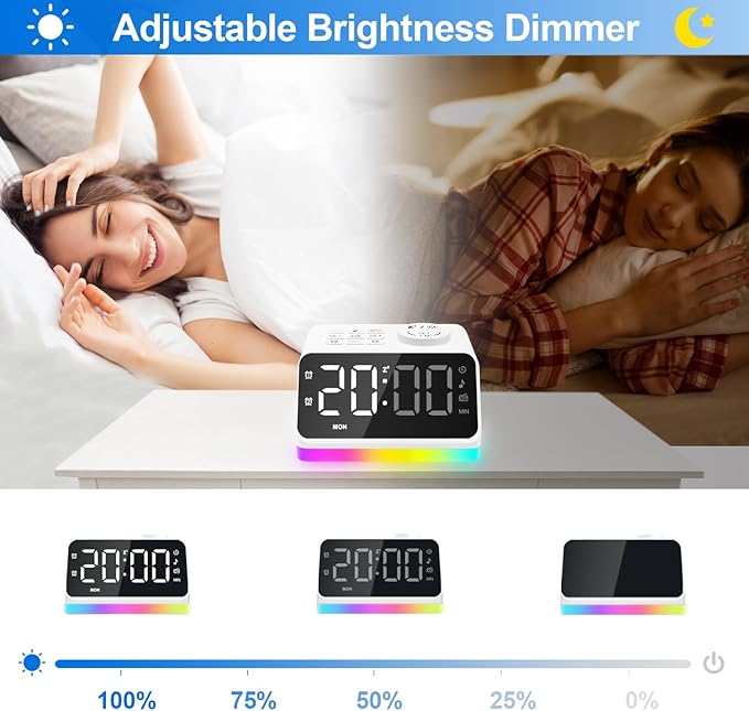 JALL Digital Alarm Clock with FM Radio for Bedroom, 8 Colors Night Light with 2 Charging Port, Sleep Sound Machines with Timer, Dual Alarm, Loud Alarm and Easy to Use for Seniors and Kids as Gift-CubbioJoy