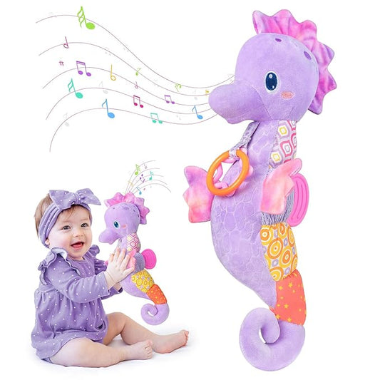 Baby Toys 0-6 Months,Infant Musical Seahorse Stuffed Animals Sensory Toys with Bright Colors,Multiple Textures,Rattles & Crinkle Sound Paper,Tummy Time Toy for Newborn Boys Girls 0-12 Months-Purple-CubbioJoy