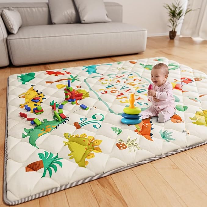 Baby Play Mat 71" X 59" Playpen Mat Upgraded Thicken Baby Floor Play Mat Non-Slip Cushioned Crawling Mat Waterproof Activity Playmats for Babies Toddlers Infants (71X59, Letter Dino)-CubbioJoy