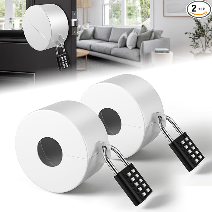 2 Pack Door Knob Lockout Device, Door Knob Cover Lock, Child Proof Door Knob Covers with Combination Padlock, Door Handle Lock for Dementia Elderly Safety, Temporary Door Lock -White-CubbioJoy