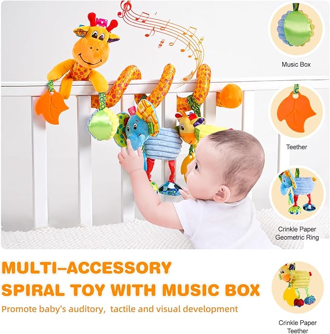 Jollybaby Crib Stroller Car Seat Toys for Baby 0-3-6-9-12 Months, Tummy Time Hanging Sensory Toys for Newborn with Music Box and Teether, Spiral Carseat Toy for Infant Boys Girls Gifts (Giraffe)-CubbioJoy