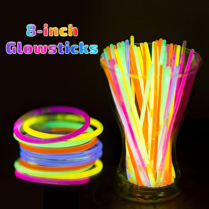 300 Pcs Glow Sticks Bulk Party Pack, 8'' Glow in the Dark Party Supplies, Glow in the Dark Light Up Sticks with Connectors, Party Favors for Birthday, Concert, Raves, Halloween, Christmas-CubbioJoy