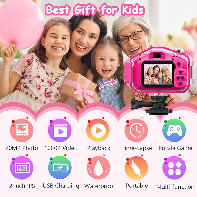 Agoigo Kids Waterproof Camera - Children Underwater HD Video Digital Camcorder, Portable Travel Toy for Toddler - Ideal Christmas Birthday Gifts for Boys Girls Age 3-12 with 32GB Card (Rose Red)-CubbioJoy