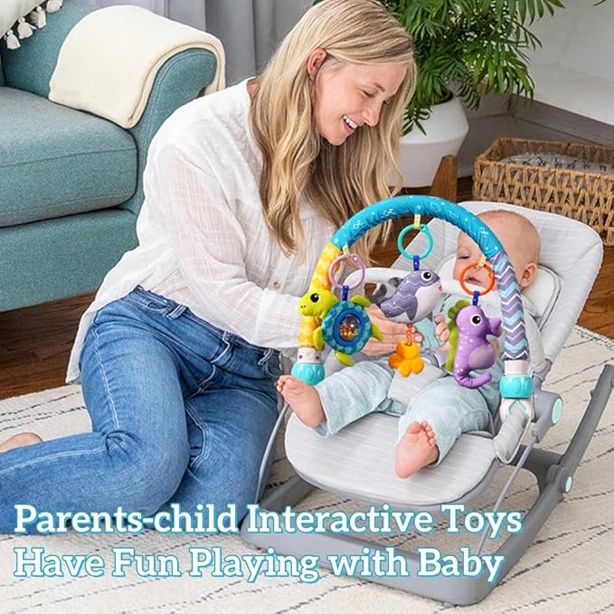 Baby Stroller Arch Toy, Clip On Arch Mobile for Bassinet with Universal Clamps, Activity Toy Bar for Bouncer Musical Crib Mobile Toys for Infants Car Seat Toys Rattle Turtle Music Whale-CubbioJoy