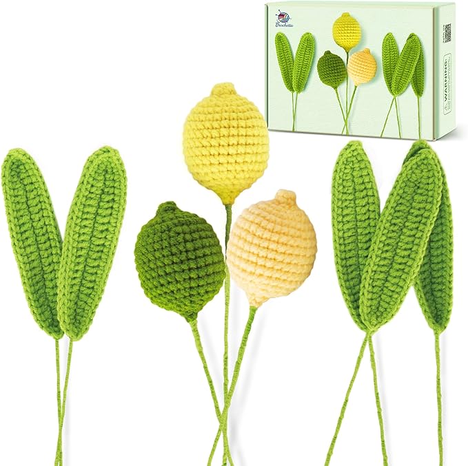 Crochetta Crochet Kit for Beginners, Crochet Kit w Step-by-Step Video Tutorials, Crochet Starter Kit Learn to Crochet Kits for Adults Kids Beginners, 3 Lemons Familly (40%+ Yarn Content)-CubbioJoy