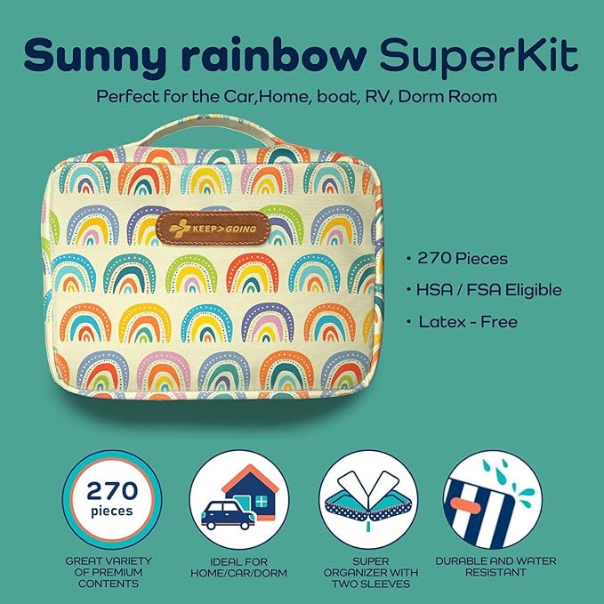 KeepGoing Large Home First Aid Kit for Kids – 270 Pc. for Car, Home, Dorm, & Boat with Latex-Free Bandages – 10 x 7 x 3.5 in. Travel First Aid Kit (Sunny Rainbow)-CubbioJoy