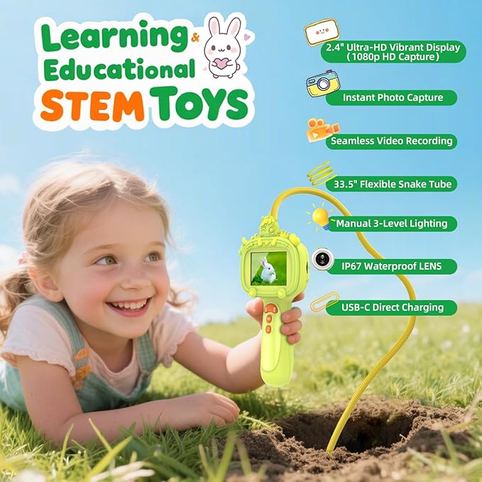 Borescope Snake Camera Endoscope with Light & Flexible Tube for Kids - Educational STEM Science Toy for Boys & Girls Ages 3-10, Birthday for Nature Exploration - Green-CubbioJoy