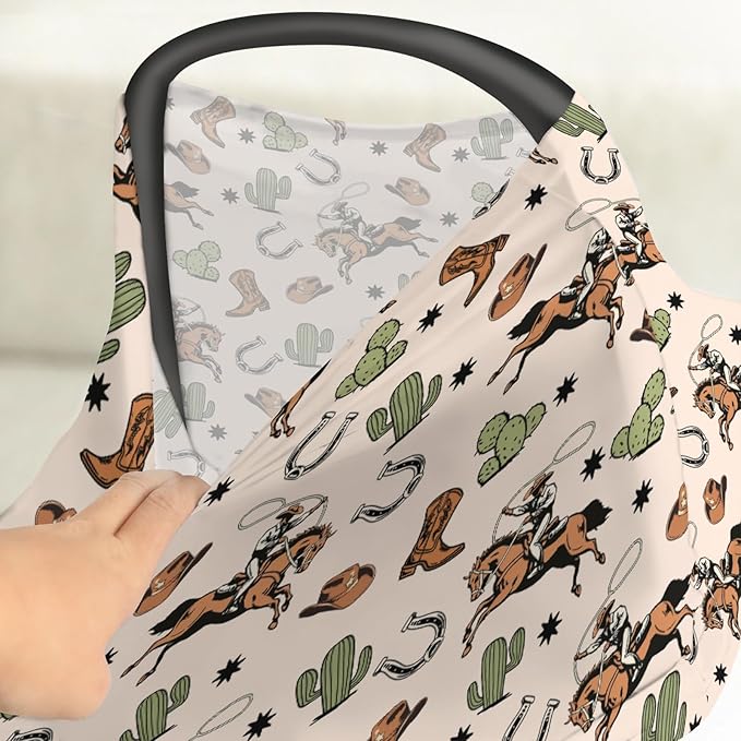 Country Western Car Seat Cover for Baby Cowboy Hat Boots Horse Cactus Stretchy 5-in-1 Covers Adjustable Car Canopy Breastfeeding Cover Wild West Desert Breathable Nursing Cover-Up-CubbioJoy