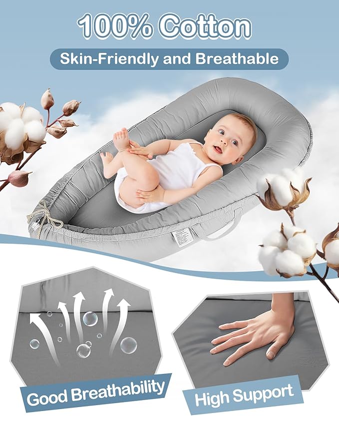 Baby Lounger - Infant Lounger for Newborn 0-24 Months, Pure Cotton Breathable Baby Nest Lounger Cover, Newborn Essentials for Baby Boys & Girls, Portable Baby Lounger for Home and Travel-CubbioJoy