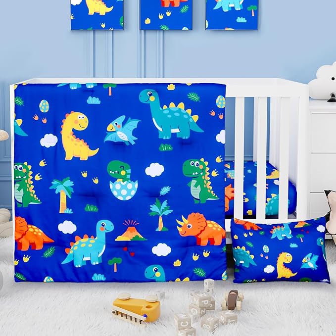 Cloele Crib Bedding Set for Boys Girls- 3 Piece Dinosaur Baby Bedding Set Soft Comforter Bed Set Includes Toddler Pillowcase Crib Sheet Baby Quilt - Nursery Bedding Set for Boys-Colorful Dinosaur-CubbioJoy