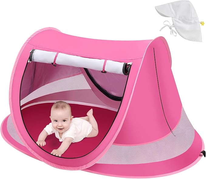 Baby Beach Tent with Baby Hat, Pop Up Toddler Travel Bed with Sun Hat for Boys or Girls, Sun Shade for Toddler Camping, Infant Portable Sun Shade, Summer Beach Baby-CubbioJoy