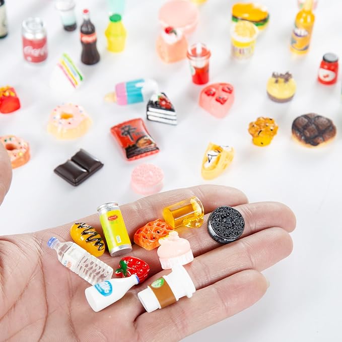 50 Pcs Miniature Food Drink Bottles Soda Pop Cans Pretend Play Kitchen Game Party Accessories Toys Hamburg Cake Ice Cream for 1/12 Doll House (25Food+25Drink)-CubbioJoy
