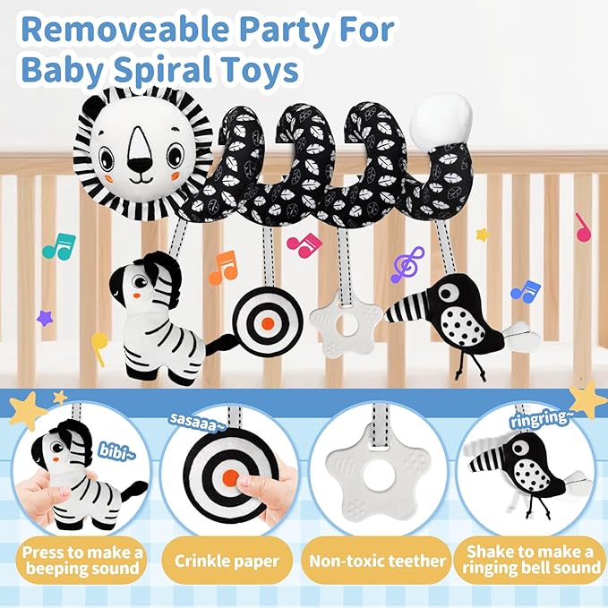 Car Seat Toys for Babies 0-6 Months,Hanging Rattle Toys for Crib Mobile, Baby Spiral Hanging Stroller Black and White High Contrast Toys for Newborn 0 3 6 9 12 Months Baby Boys Girls (Lion)-CubbioJoy