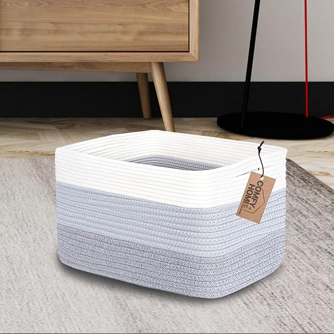COMFY-HOMI Cotton Rope Woven Basket with Handles for Shelves,Toys,Book, Cloth Storage Baskets Bin for Organizing-13.5"x11"x9.5" Toy Decorative Organizer for Living Room, Bathroom-White/3Tone Grey-CubbioJoy
