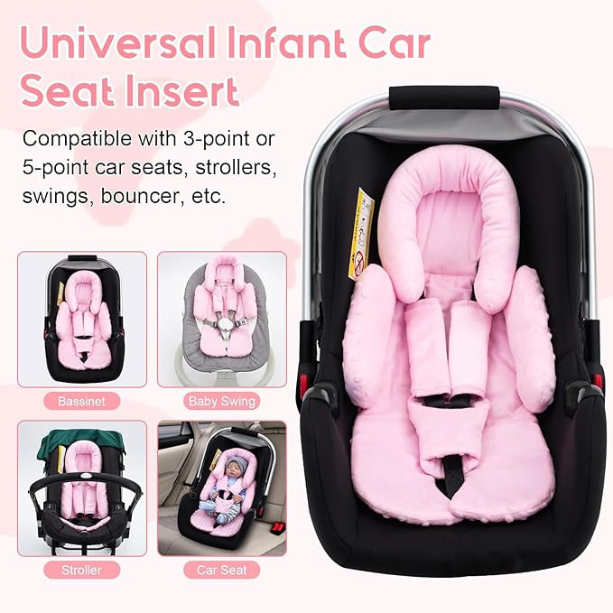 Infant Car Seat Insert with 3 Shoulder & Crocth Covers, Thickened Carseat Head and Body Support for Infant, Reversible Baby Car Seat Cushion for Boys Girls, Soft Mink Dot Newborn Insert for Preemie-CubbioJoy