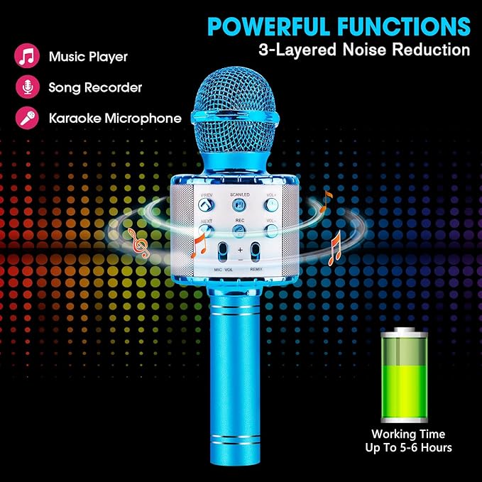 BlueFire 4 in 1 Karaoke Wireless Microphone with LED Lights, Portable Microphone for Kids, Great Toys for Kids, Girls, Boys and Adults (Blue)-CubbioJoy