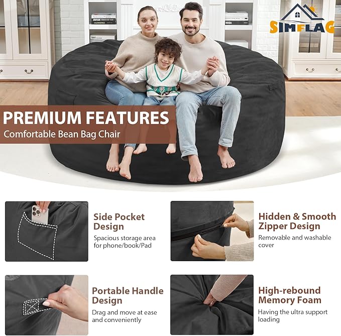 6FT Bean Bag Chair, Large Bean Bag Chairs with Memory Foam Filled, Fluffy Beanbag Sofa with Dutch Velvet Cover, Round BeanBag Chairs for Living Room, Playroom - Grey-CubbioJoy