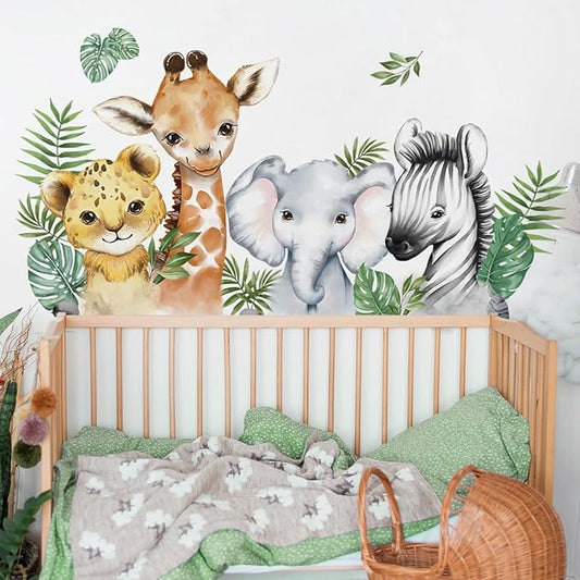 52.51x23.62 Inch Watercolor Jungle Animal Wall Decals Safari Forest Animal Wall Sticker Elephant Lion Monkey Decals for Baby Nursery Playroom Bedroom Classroom Kindergarten Decor-CubbioJoy