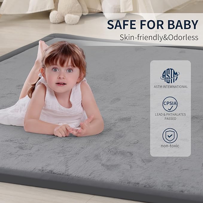 ACOMOPACK Baby Play Mat for Floor 1.3" Thick Memory Foam Play Mat 59"×71" Tummy Time Crawling with Non-Slip Bottom for Living Room,Nursery,Soft Velvet Playpen Mats for Kids,Infants（Dark Grey）-CubbioJoy