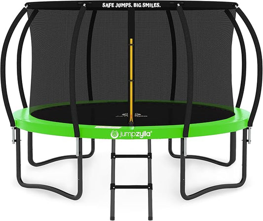 JUMPZYLLA Trampoline Outdoor 8FT 10FT 12FT 14FT 15FT 16FT with Enclosure and Ladder, ASTM Approved Recreational Trampoline for Kids and Adults, Anti-Rust Coated Frame-CubbioJoy