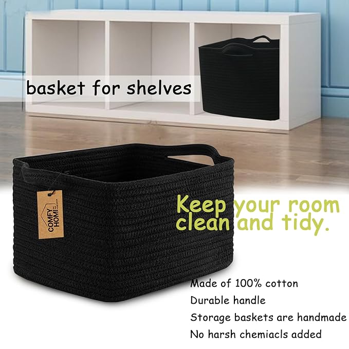 COMFY-HOMI Storage Basket for Shelves, Woven Baskets for Storage, Cotton Rope Basket,Toy Storage Organizer, Storage Cube Bin, Organization and Storage, Towel Baskets for Gift Empty, All Black-CubbioJoy