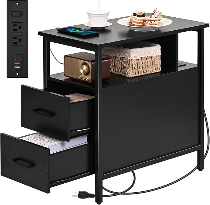 Black Side Tables, End Table with Charging Station, Narrow End Table with 2 Wooden Drawers, USB Ports and Power Outlets, Slim Nightstand and Bedside Table, End Tables Living Room, Bedroom-CubbioJoy