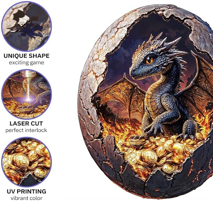 Jigfoxy Wooden Puzzle for Adults, Hatchling Dragon Wooden Jigsaw Puzzles for Adults, Unique Animal Shape Wood Cut Puzzles for Family Friend Puzzle Lovers(S-8.4 * 6.9in-111pcs)-CubbioJoy
