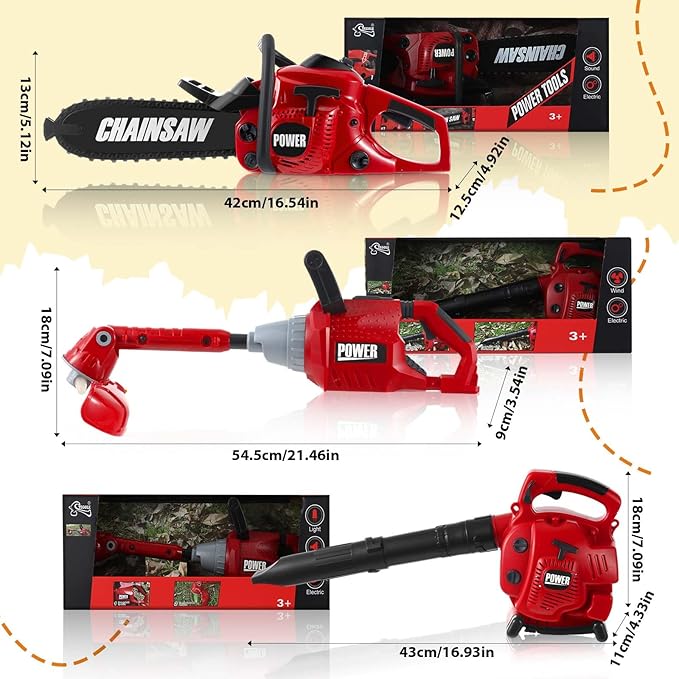 3 Pcs Toy Gardening Tool Set for Kids Toy Leaf Blower Weed Trimmer Chainsaw Pretend Play Set with Lights and Sounds Birthday for Boys Girls-CubbioJoy