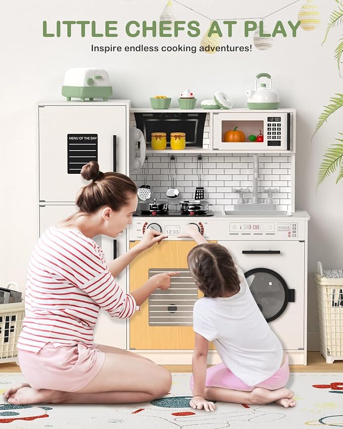 Babytronic Wooden Kitchen Playset for Kids, Interactive Play Kitchen with Lights & Sounds, Children Pretend Toy Kitchen Set with Faucet, Oven, Microwave, Kitchenware for Toddlers Ages 3+ (White)-CubbioJoy