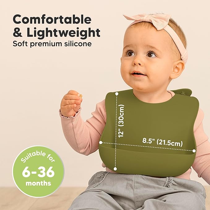 KeaBabies 2-Pack Silicone Baby Bibs for Eating - Sturdy Food-Grade Silicone Bibs for Babies Girl, Boy, Large Food Catcher, Clean & Put On Easily, Waterproof Toddler Feeding Essentials (Olives)-CubbioJoy