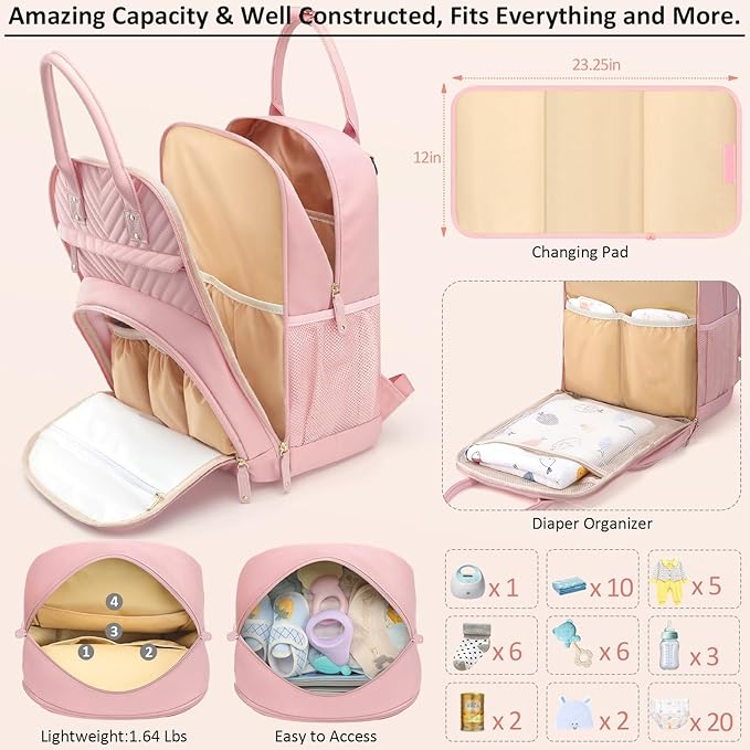 Diaper Bag Backpack for Women with Changing Pad, Baby Bag with Insulated Pockets Multifunctional Diaper Bags For Baby Girl Boy Waterproof Baby Bags For Boys Girls Maternity Bag Baby Pink-CubbioJoy