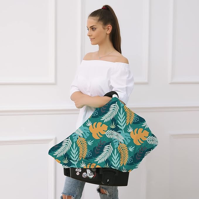 Carseat Cover Boy and Girls - Multi-use Nursing Car Seat Canopy Cover for Breastfeeding, Infant Stroller Cover, High Chair Cover (Green Leaves)-CubbioJoy