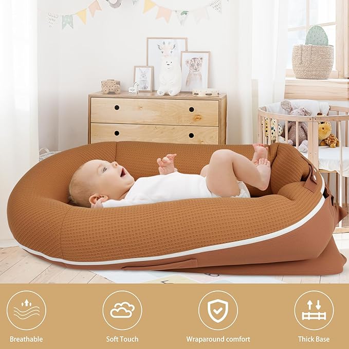 Baby Lounger, Deluxe Infant Lounger, Baby Nest Cover for Baby, Breathable Cotton, Adjustable Baby Floor Seat for Tummy Time, Newborn Essentials for Baby 0-12 Months (Brown)-CubbioJoy