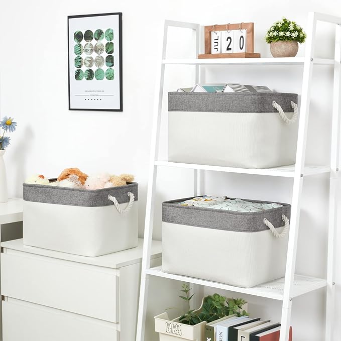 Bidtakay White Baskets with Cotton Rope Handles Decorative Storage Bins [3-pack] Fabric Bins for Organization Linen Closet Shelf Storage Baskets for Clothes Toys Towels 15 X 11 X 9.5 Inches-CubbioJoy