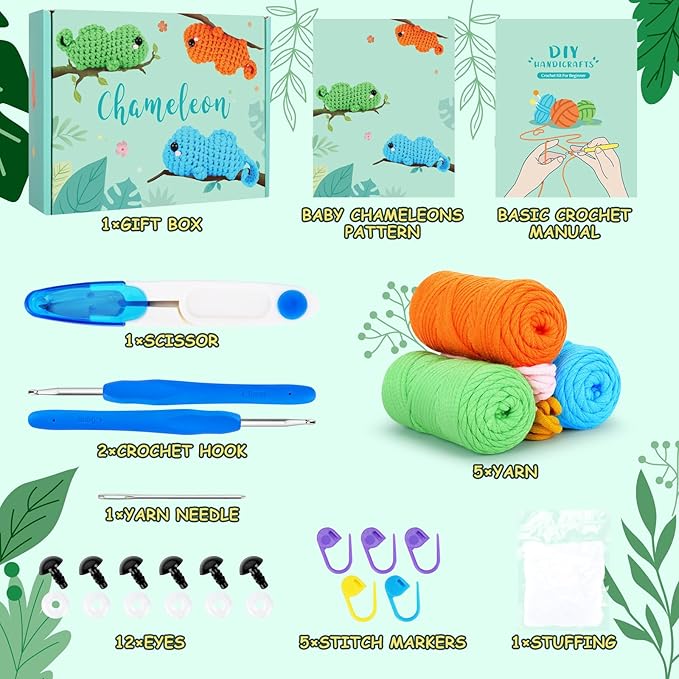 Crochet Kit for Beginners - 3 PCS Baby Chameleon Crochet Kits with Step-by-Step Video Tutorials, Beginner Crochet Kit for Adults Kids, Chameleon Crocheting Set (Orange&Blue&Green)-CubbioJoy