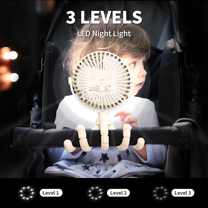 AMACOOL Battery Operated Stroller Fan Flexible Tripod Clip On Fan with 3 Speeds and Rotatable Handheld Personal Fans for Car Seat Crib Bike Treadmill (Beige)-CubbioJoy