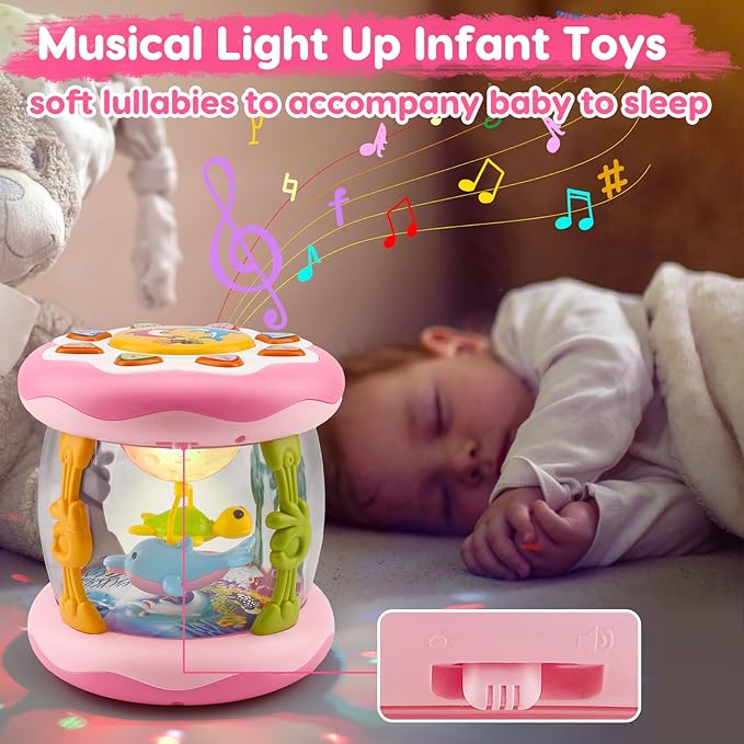 Baby Musical Light Up Toys 0-6 Months Tummy Time Ocean Projector Rotating Infant 0-3 4 5 6 7 8 9 Months Baby Aquarium Crawling Pink Toys Babies 6-12 Month Girls 1 2 Year Old Birthday Newborn Gifts-CubbioJoy