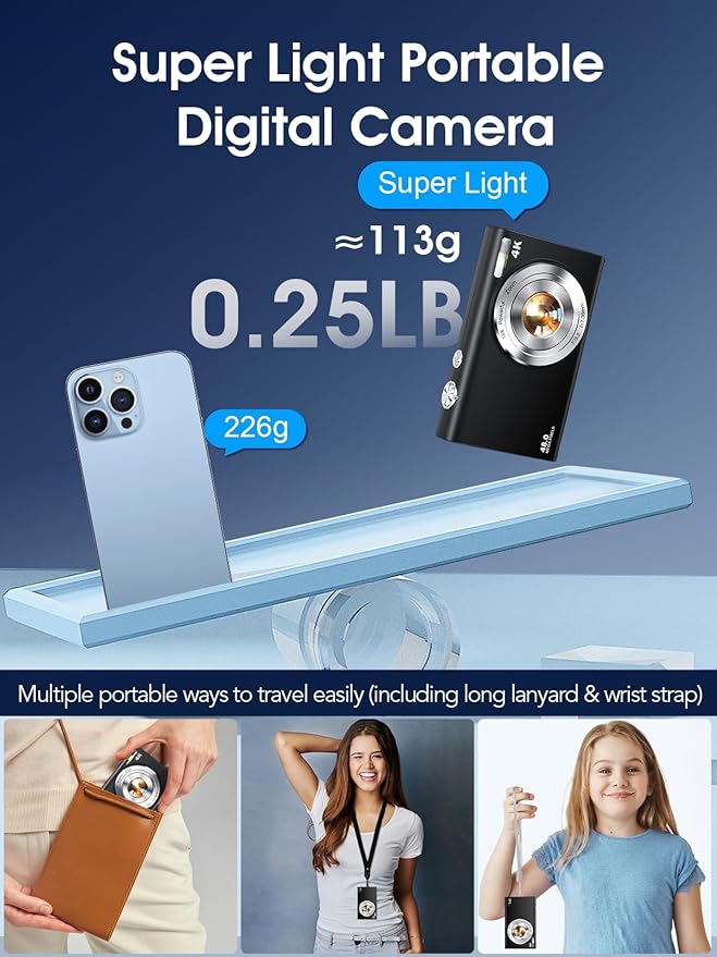 Digital Camera,Autofocus 4K Vlogging Camera for Photography with 32GB Card,48MP Portable Compact Point and Shoot Digital Camera for Teens Adult Beginner with 16X Zoom,Anti-Shake,2 Batteries(Black)-CubbioJoy