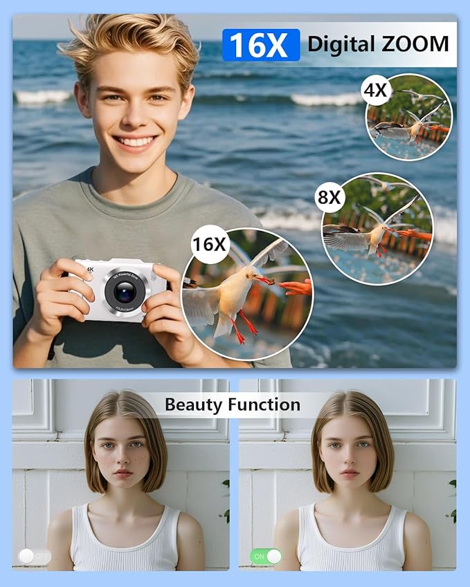 Digital Camera, FHD 1080P Kids Camera Digital with 16x Zoom Anti Shake, 32GB Card, 4K 48MP Portable Compact Point and Shoot Cameras, Vintage Small Camera for Teens Beginner Kids Present-CubbioJoy