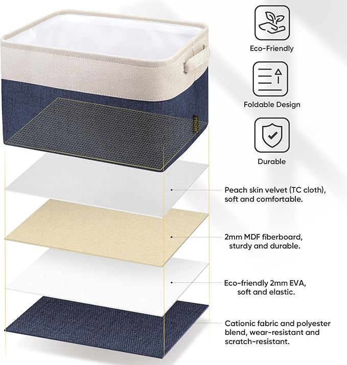 BALEINE 1 Pack Fabric Storage Bins for Shelves, Linen Storage Baskets for Organizing, Decorative Closet Bins for Clothes, Home (Navy Blue, 12"x8"x8")-CubbioJoy