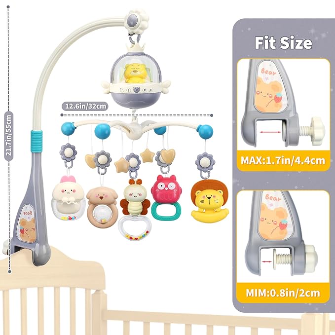 Baby Crib Mobile with Night Lights and Music,Hanging Mobile for Crib Bassinet with Rotation, Projection,Remote Control,Babies Crib Toys for Nursery Newborn Infant Boys Girls (Gray)-CubbioJoy