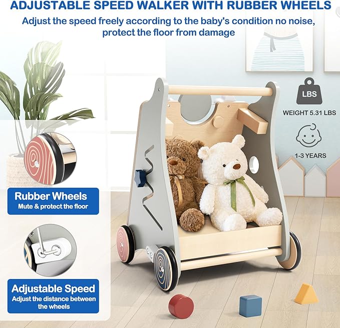 Baby Push Walker with Detachable Busy Board, Wooden Baby Walker with Adjustable Speed Wheels, Montessori Push Walker for Babies, Push Walking Toys for Boys & Girls 1 Year Old, Gifts for Toddler-CubbioJoy