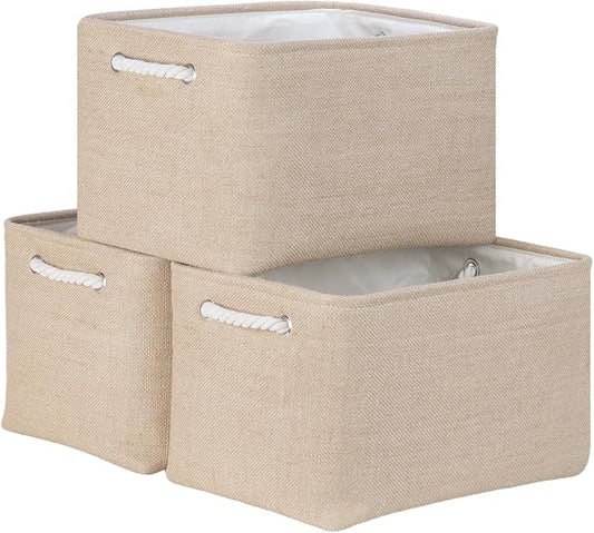 Bidtakay Large Storage Baskets for Shelves 3 Pack Fabric Storage Bins for Organizing Linen Collapsible Organizer for Closet-Flaxen-CubbioJoy