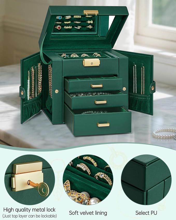 AKOZLIN 4-Tier Jewelry Box Leather Jewelry Storage Organizer with 3 Drawers Lockable for Women Girls Ring Necklace Earring Bracelet Holder with Mirror Forest Green-CubbioJoy