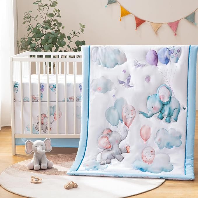 4 Piece Crib Bedding Set for Boys Girls, Infant Toddler Nursery Baby Bedding Sets Includes Cartoon Quilt, Fitted Crib Sheet, Crib Skirt and Plush Elephant Toy-CubbioJoy