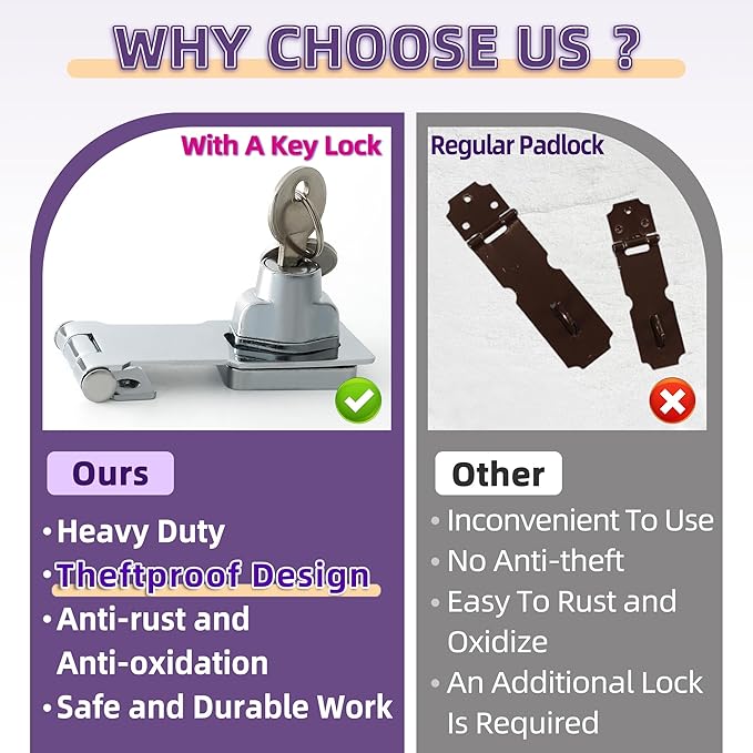 Alise Keyed Hasp Lock,3 Inch Safety Packlock Clasp Hasp Lock Latch with Lock,Door Hinge Lock with Keys Keyed Locking Hasp for Cabinets Closets Doors,Chrome-CubbioJoy