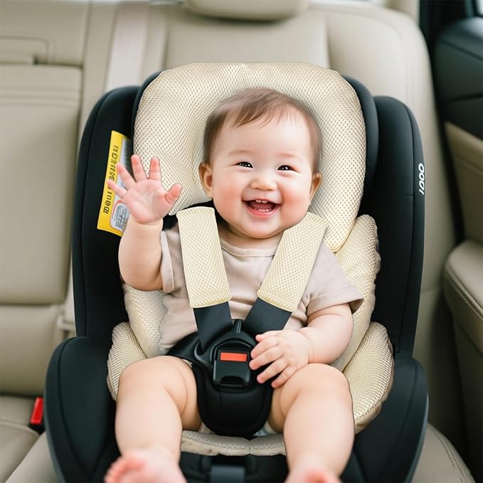 Infant Car Seat Insert for Newborn Girls Boys, Summer Mesh Baby Carseat Head Support with Strap Pads, Soft Reversible Baby Car Seat Insert Cushion Pad for Car Seat, Stroller, Bouncer, Swing, Beige-CubbioJoy